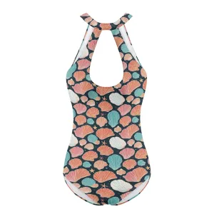 Womens Big Shells and Stars One Piece Swimsuit Sexy Halter Cut Out Tie Backless Swimwear