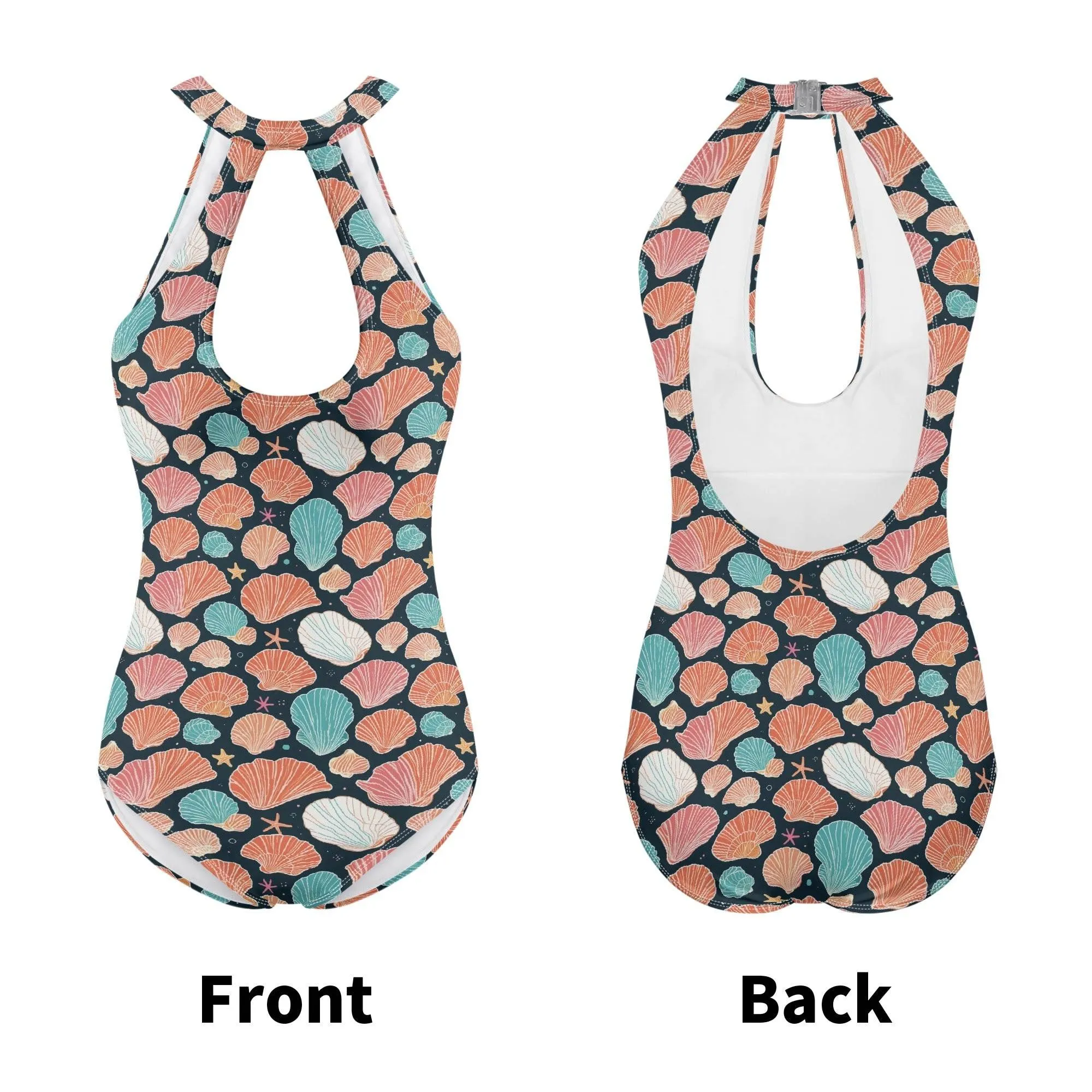 Womens Big Shells and Stars One Piece Swimsuit Sexy Halter Cut Out Tie Backless Swimwear