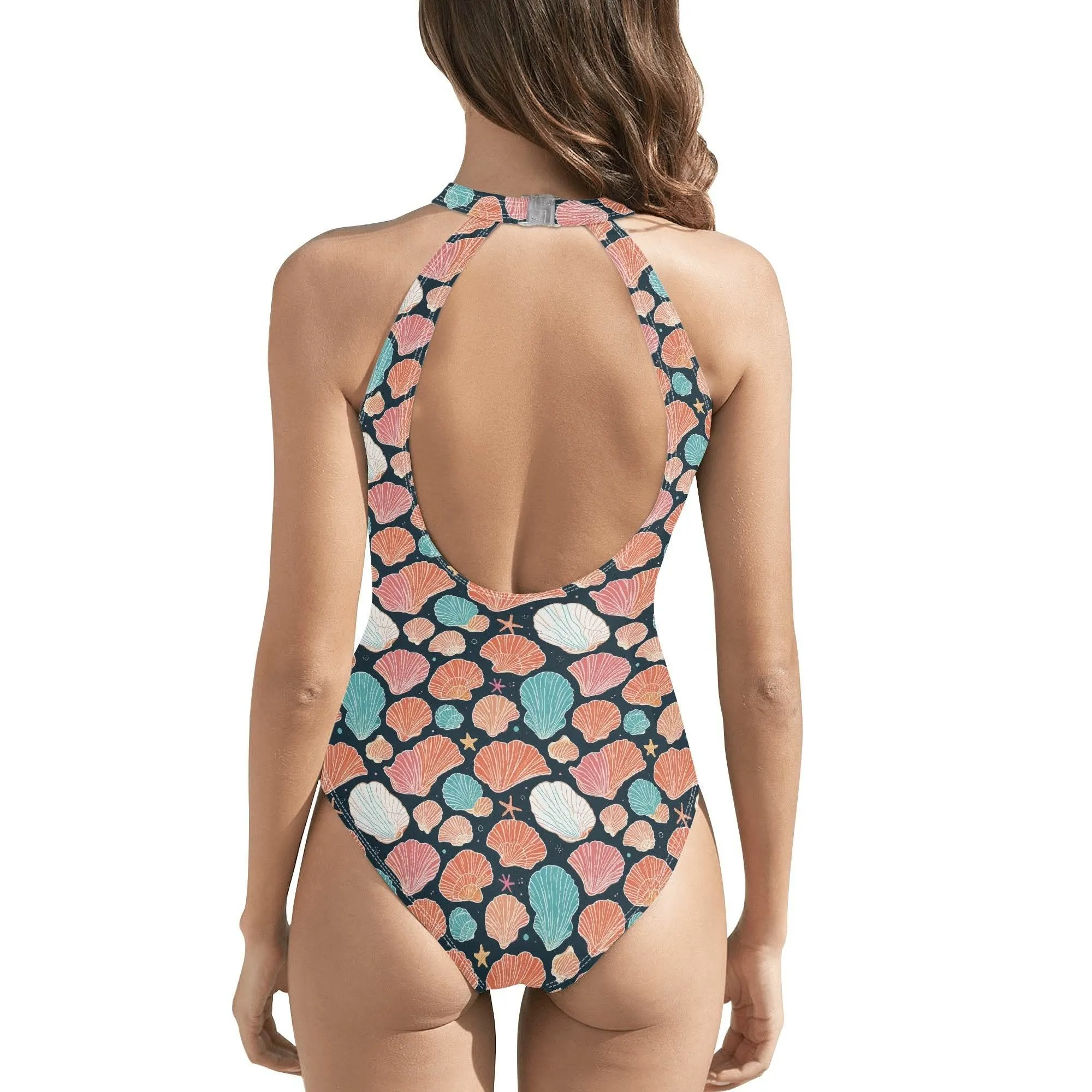 Womens Big Shells and Stars One Piece Swimsuit Sexy Halter Cut Out Tie Backless Swimwear