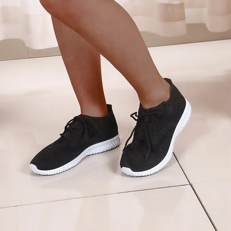 Women's stretchy flyknit breathable lace-up sneakers summer sports running shoes