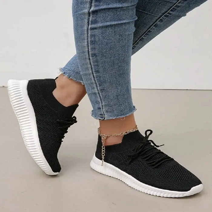 Women's stretchy flyknit breathable lace-up sneakers summer sports running shoes